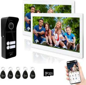ANJIELO SMART Wired & Wireless Video Intercom System, 2 Units 10 Inch Touch Monitor, Wireless WiFi Video Doorbell, 3 in 1 Unlock, Dual Way Audio, Black and White