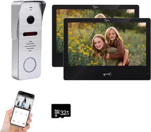 Ring Doorbell Wired,1080P Doorbell Camera(W),Indoor Outdoor Camera,10 Inch Monitor (B) Ring Video Doorbell with Night Vision,Dual-Way Intercom for Villa House Office Apartment (1 Bell +2 Screen)