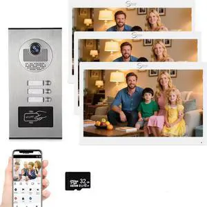 Wired Video Doorphone Intercom System,1080P HD Doorbell,10 Inch Monitor, Night Vision,2 Way Intercom,3 in 1 Unlock,Smart Video Doorbell with Camera (for 3 Family)