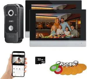 Wired Video Intercom System,WiFi 7 Inch Touch Screen 1080P Doorbell Camera,Tuya APP Intercom Kit,3 in 1 Unlock,Motion Detection,Anti-Tamper Alarm for Villa Home Office Apartment (1 BELL +2 MONITOR)