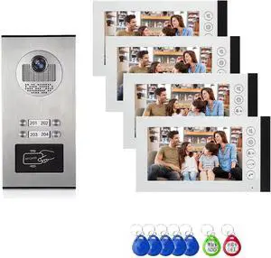 ANJIELO SMART Wired Video Multifamily Apartment Intercom System,2/3/4/6/8/10/12 Units 7 inch Monitor Video Door Phone Kit,Video Doorbell, ID Card Unlock, 2 Way Audio for Home (1 doorbell + 4 Monitor)