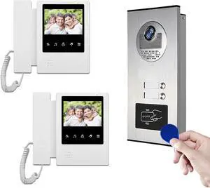 Video Intercom System for Apartment,4.3 inch Monitor Wired Video Door Kit,Indoor Outdoor Video Intercom System, Doorphone Telephone Style, ID Card Unlocking (1 Doorbell + 2 Monitor)