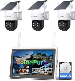 Solar Powered Security Camera System Outdoor with 10" Monitor, 3pcs 2K Wireless Cameras for Home Security, 360° Pan Tilt, True Color Night Vision, 2.4G/5G WiFi, 10CH NVR, 500GB HDD
