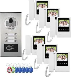 Video Intercom System for Apartment,4.3 inch Monitor Wired Video Door Kit,Indoor Outdoor Video Intercom System Doorbell Camera, Doorphone Telephone Style, ID Card Unlocking (1 doorbell + 6 Monitor)