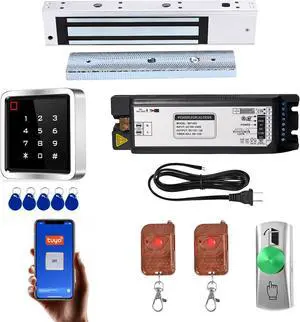 Access Control System Kit with IP68 Waterproof Metal Touch Keypad, 600LB Magnetic Lock, Zinc Alloy Exit Button, 2 Remote Controls and Tuya App Remote Access