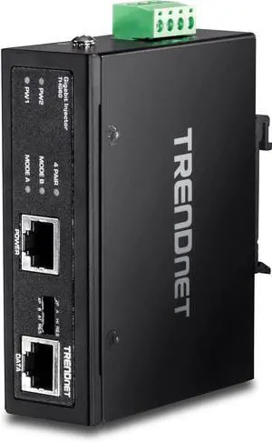 TRENDnet Hardened Industrial 60W Gigabit PoE+ Injector, DIN-Rail Mount, IP30 Rated Housing, Includes DIN-Rail & Wall Mounts, TI-IG60 TRENDnet Hardened Industrial 60W Gigabit PoE+ Injector, DIN-Rail Mount, IP30 Rated Housing, Includes DIN-Rail & Wall Mounts, TI-IG60