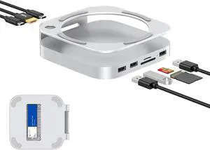 Mac Mini M4 Dock, Aluminum Stand and Hub with M.2 NVMe SSD Enclosure, 4K 60Hz HDMI, 2x USB-A 10Gbps, SD/TF Card Reader, USB 2.0 Data (Silver) Accessories