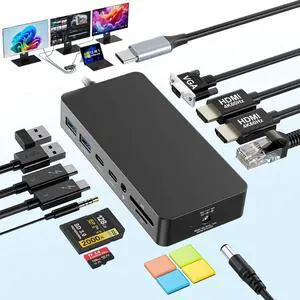 12 in 1 Microsoft Surface Dock Triple Displays Dual HDMI+VGA with Power Adapter, Surface pro Docking Station for Microsoft Surface Pro 11/10/9/8/X/7/6/5, Surface Laptop Go/7/6/5/4/3/2/1,Surface Book