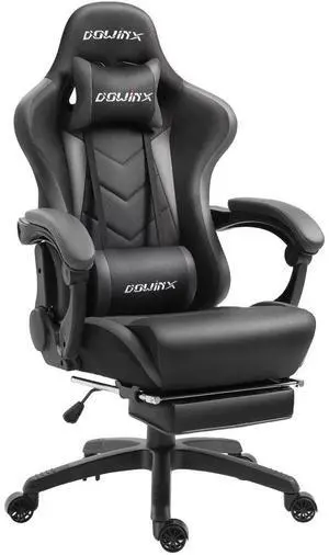 Gaming Chair Ergonomic Office Recliner for Computer with Massage Lumbar Support, Racing Style Armchair PU Leather E-Sports Gamer Chairs with Retractable Footrest (Black&Gray)