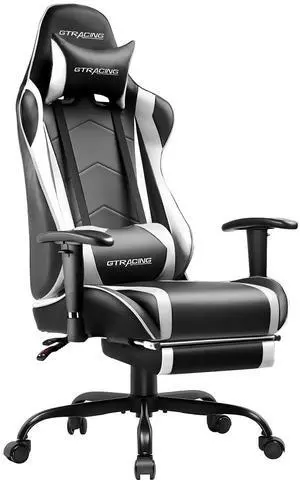 Gaming Chair with Footrest PU Leather Office Chair with Adjustable Headrest, White