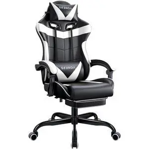 Gaming Chair, Seenda Video Game Chair with Footrest and Lumbar Support, Ergonomic Computer Chair Height Adjustable with Swivel Seat and Headrest, White