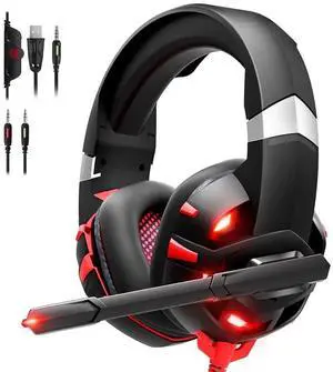 RUNMUS Gaming Headset, Stereo PC Gaming Headphones with Noise Canceling Mic & LED Light, Compatible with PS4, PS5, Xbox One Controller, Nintendo Switch