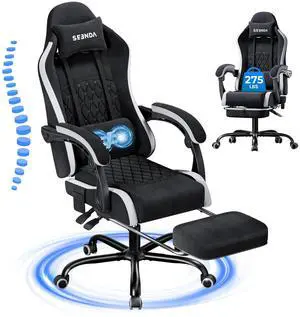 Seenda Massage Gaming Chair, Fabric Office Chair Ergonomic Desk Chair, Video Game Chair with Footrest and Massage Lumbar Support, High Back Computer Office Chair with Headrest, 275Lbs, Black