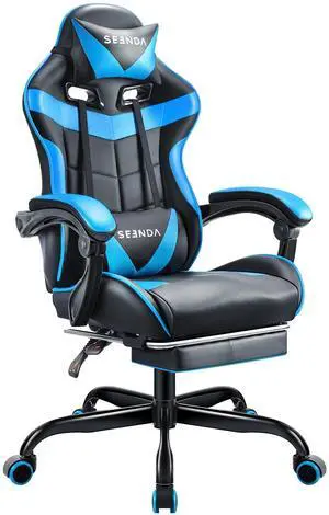 Seenda Gaming Chair Ergonomic Office Chair with Footrest and Lumbar Support, Height Adjustable High Back Gamer Chair with Headrest for Adult, Blue