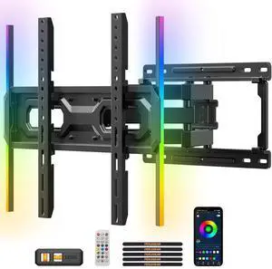 MountFTV Full Motion TV Wall Mount with Music-Sync LED Backlighting for 26-65 inch TVs up to 99 lbs, TV Wall Mount Bracket with Dual Articulating Arms, Swivel, Tilt, Fits 12/16 Wood Studs