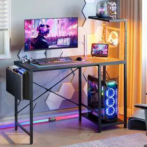 Bestier Gaming Desk with LED Lights, 44'' Computer Desk with Reversible Shelves, PC Gamer Desk with Side Storage Bag, Hooks and Height Adjustable Shelf for Home Office, Carbon Fiber Black