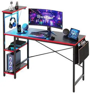 Bestier 52 inch Gaming Desk with LED Lights & Reversible Storage Shelves,LED Gamer Desk for Home and Office,Computer Office Desk with with Side Storage Bag-Carbon Fiber Platform