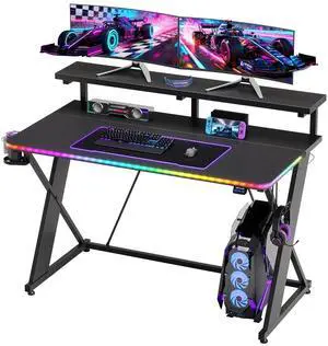 RSPGAME 43" Music Sync LED Gaming Desk,X-Shape Ergonomic Monitor Stand Gamer Table,PC Desk with Dynamic Lighting,Color Changing Office Desks,Black Racing