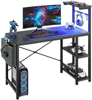 Bestier 44.3 inch LED Gaming Desk with Outlets & USB Ports Computer Desk with Storage Shelves in Pink Carbon Fiber