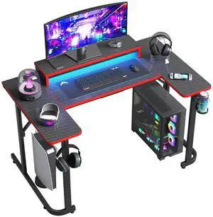 Bestier 51 inch Gaming Desk with LED Lights, U-Shaped Computer Desk with Monitor Stand, Hooks and Cup Holder, Home Office Desk, Carbon Fiber Black