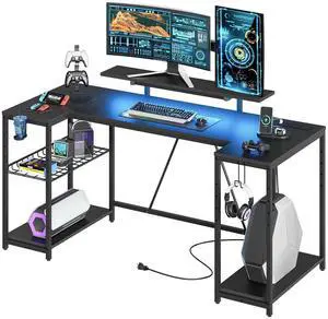 Bestier 63" Gaming Desk with LED Lights, U-Shaped Computer Desk with Outlets & Monitor Stand, Home Office Desk with Storage Shelves in Carbon Fiber