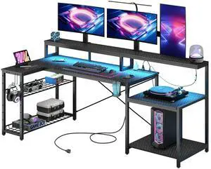 Bestier 71 inch L-Shaped Gaming Desk with Power Outlets LED Computer Office Table with Monitor Stand & Storage Shelf in Carbon Fiber Black