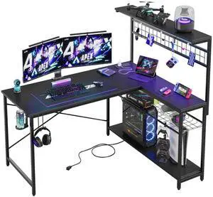 Bestier 51-Inch L-Shaped Gaming Desk with Power Outlets, LED Workstation, 4-Tier Shelves, Carbon Fiber Finish