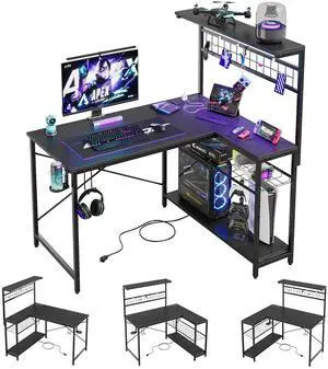 Bestier 42 inch Desk,Gaming Desk with LED Lights & Power Outlet, Reversible Office desk,L Shaped Desk with Hutch & Storage Shelves, Carbon Fiber