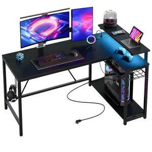 Bestier 52" Gaming Desk with LED Lights L Shaped Desk with Power Outlet & Monitor Stand Corner Computer Desk in Carbon Fiber