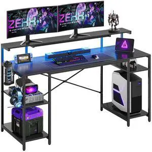 Bestier 55" Gaming Desk with LED Light & Monitor Stand Computer Desk Corner Desk for Home Office, Black Carbon Fiber
