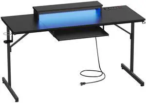 Bestier 63" Gaming Desk with LED Lights & Power Outlets, Monitor Stand & Keyboard Tray for Home Office, Carbon Fiber Black