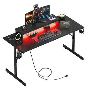 Bestier 52 inch Gaming Desk with Power Strip and LED Monitor Stand, Small Computer Desk for Home Office, Carbon Fiber Black