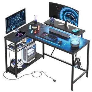 Bestier 48" L Shaped Gaming Desk with LED Lights & Power Outlets, Computer Desk with Monitor Stand, Carbon Fiber