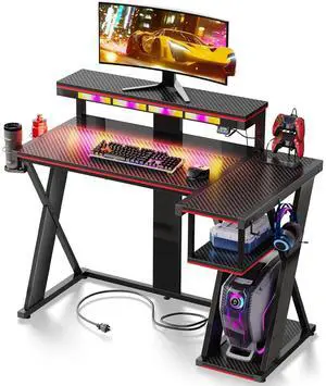 RSPGAME Music Sync Led Gaming Desk, L Shaped Computer Desk with Monitor Stand, with Charging Station & Cup Holder & Headset Hook,Carbon Fiber & Hight Glossy Black