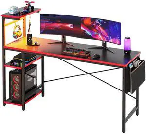 Bestier 61" Reversible Gaming Desk with PC Shelf Computer Desk with LED Light Carbon Fiber