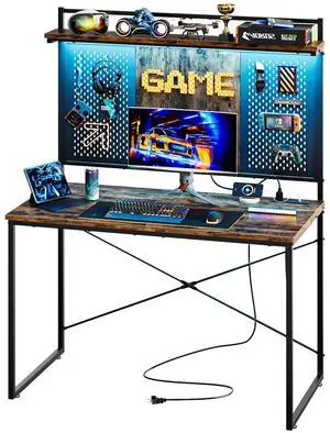 Bestier Gaming Desk with Power Outlets & LED Light, 39.3 Inch Computer Desk Office Table with Storage Shelves Pegboard, Rustic Brown