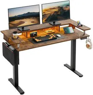 Bestier 58"x27" Electric Height Adjustable Standing Desk Stand up Desk with Monitor Shelf & LED Lights in Rustic