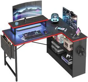 Bestier 42inch L-shaped Computer Desk with Storage Shelf LED Gaming Desk with Monitor Stand Corner Desk with storage bag, Carbon Fiber