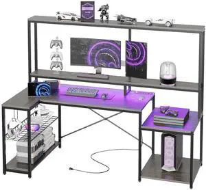 Bestier 71.5 inch Gaming Desk with LED Lights & Power Outlet, L Shaped Computer Desk with Hutch & Adjustable Shelves, Retro Grey Oak Bestier 71.5 inch Gaming Desk with LED Lights & Power Outlet, L Shaped Computer Desk with Hutch & Adjustable Shelves, Retro Grey Oak