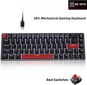 FFN 68-Key 60% Mechanical Gaming Keyboard with Red Switches-Compact Design with Detachable Type-C Cable,LED Backlit for Gaming Smooth,Compatible with Win/Mac/Linux/PC/Laptop-Black