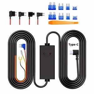 11.5FT Type-C Dash Cam Hardwire Kit - Essential Accessory for 24-H Parking Surveillance, 12V-24V to 5V 3A Car Charger Cable with 4 Fuse Taps, Adjustable Low Voltage Protection, Suit for FFN Dash cam