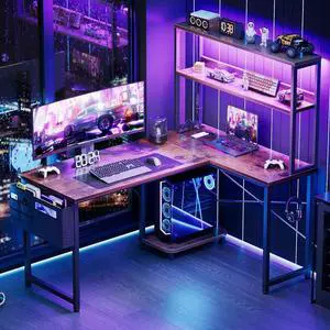 Casacomoda 43 Inch L Shaped Desk with LED Light & Power Outlet, Reversible L Shaped Computer Table with Shelf & Storage Bag & Hook for Home Office, Vintage