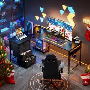 Casacomoda L Shaped Computer Desk with Charging Station, 53 inch PC Table Study Desk 4 Tier Drawers, Modern Simple Style Laptop Desk for Bedroom, Black