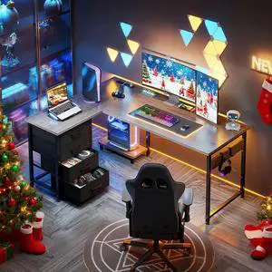 Casacomoda L Shaped Computer Desk with Charging Station, 53 inch PC Table Study Desk 4 Tier Drawers, Modern Simple Style Laptop Desk for Bedroom, Grey Oak