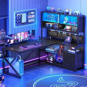 SEDETA L Shaped Gaming Desk, Home Office Computer Desk with 2 Drawer and Bookshelf, L Shaped Gaming Desk with LED Light, Glass Cabinet and Storage Bag, Corner Desk with Storage Shelves, Black