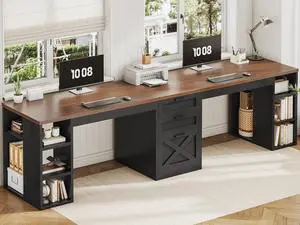 SEDETA Farmhouse 96.5" Office Desk with Drawers, 2 Person Gaming Desk with Storage, Double Computer Desk with Storage Drawers, Long Two Person Writing Desk, Black