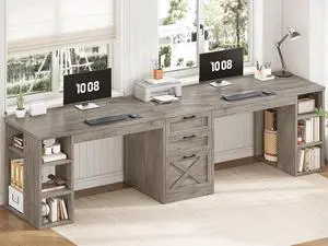 SEDETA Farmhouse 96.5" Computer Desk with Drawers, 2 Person Home Office Desk, Gaming Double Desk with Storage Shelves, Long Two Person Writing Desk (Grey)