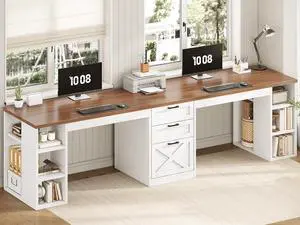SEDETA Farmhouse 96.5" Computer Desk with Drawers, 2 Person Home Office Desk, Gaming Double Desk with Storage Shelves, Long Two Person Writing Desk (White and Brown)