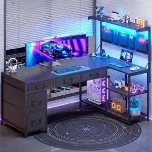 SEDETA L Shaped Gaming Desk, 47.2" Reversible Small Computer Desk with 5 Drawers and Storage Shelves, Corner Gaming Desk with LED Lights and Power Outlet, Black