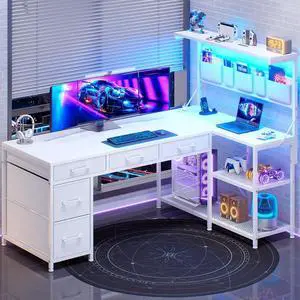 SEDETA Corner Computer Desk, Reversible L Shaped Computer Desk with Fabric Drawers and Power Outlet, 47.2 Gaming Desk with LED Lights, Storage Shelves and Hutch, White